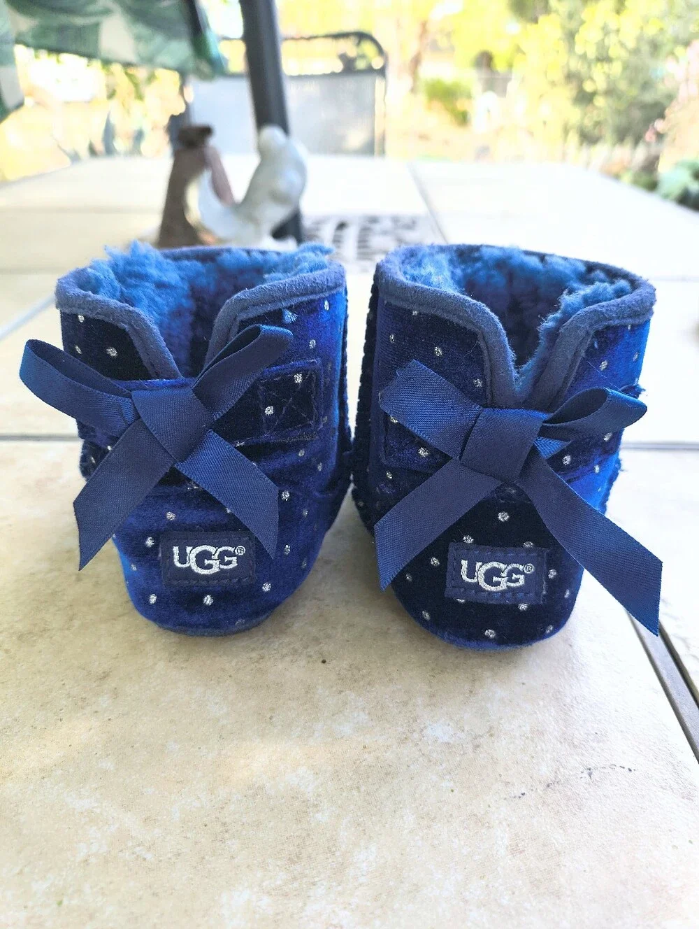UGG Kids Bailey Bow Starlight Navy Blue Velvet Polka Dot Booties with Bow